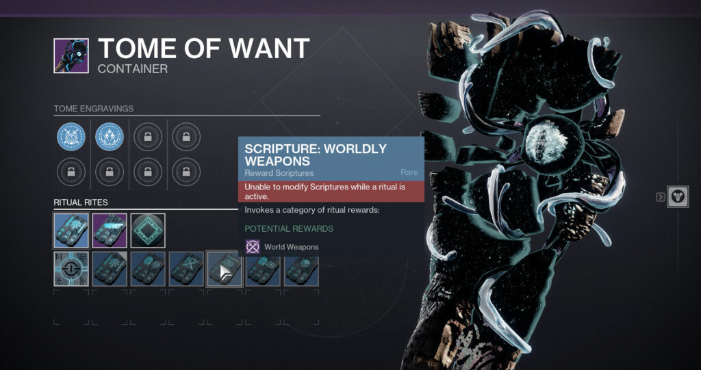 Select the Worldly Weapons scripture for a boosted chance at this SMG. (Screenshot by esports.gg)