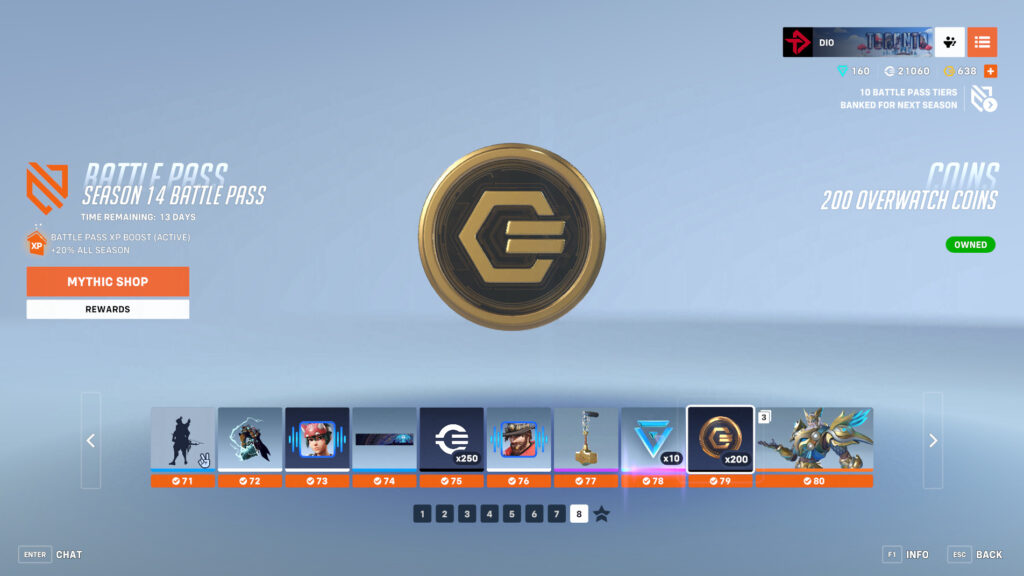 Screenshot of the Overwatch 2 Season 14 Battle Pass featuring Overwatch Coins (Image via esports.gg)