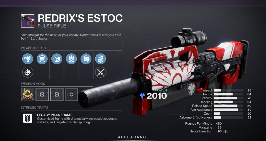 The second Legacy PR-55 Frame in Destiny 2. (Screenshot by esports.gg)