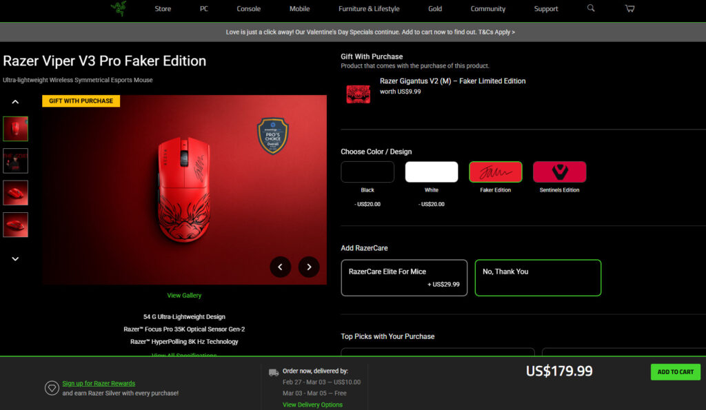 The Razer Viper V3 Pro Faker Edition mouse is available for purchase for $179.99 USD (Image via Razer)