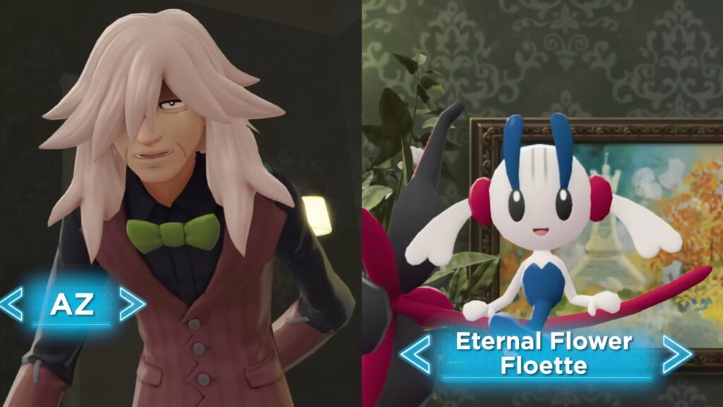 AZ and his Eternal Flower Floette in Pokémon Legends: Z-A. (Screenshots via <a href="https://www.youtube.com/@pokemon">The Official Pokémon YouTube channel</a>)