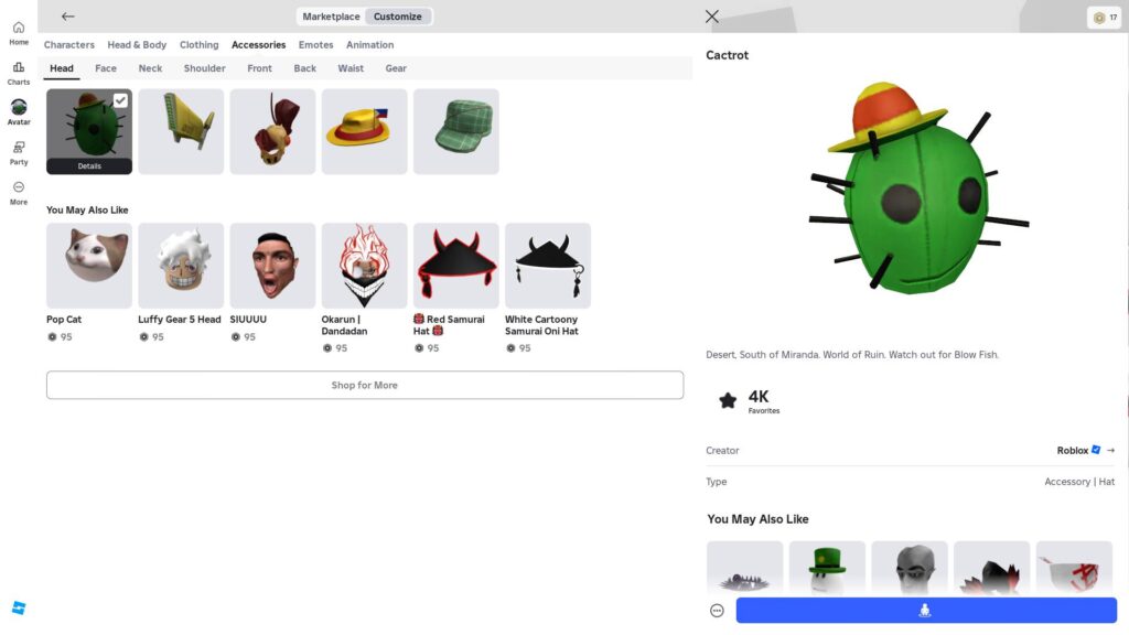 The Cactrot accessory is a head piece in Roblox. (Screenshot via esports.gg)