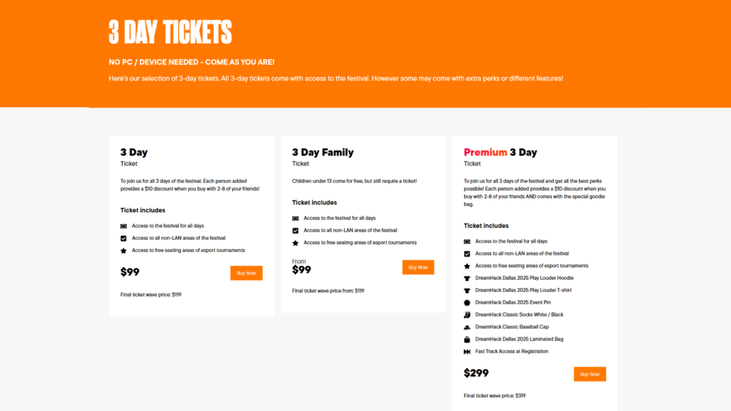 Three-day ticket options (Image via DreamHack)