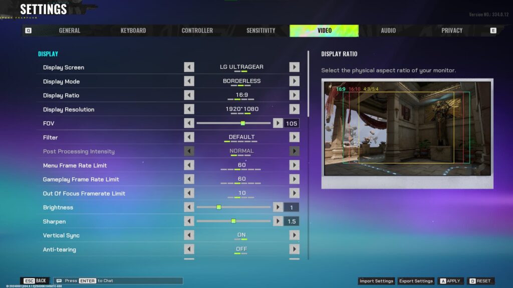 This is what the video/graphic settings screen looks like in FragPunk (Screenshot via esports.gg)