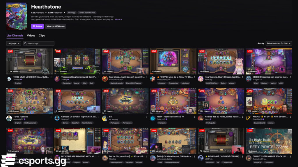 The Hearthstone category on Twitch (Screenshot via esports.gg)