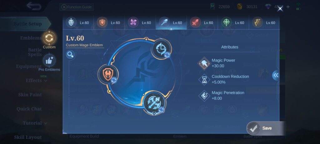 Super Frince's suggested Luo Yi emblem build guide in MLBB. (Screenshot via esports.gg)