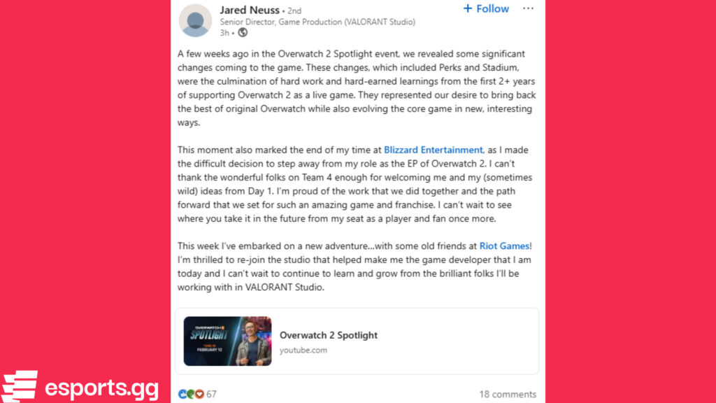 The former Overwatch 2 executive producer's LinkedIn post (Screenshot via esports.gg)