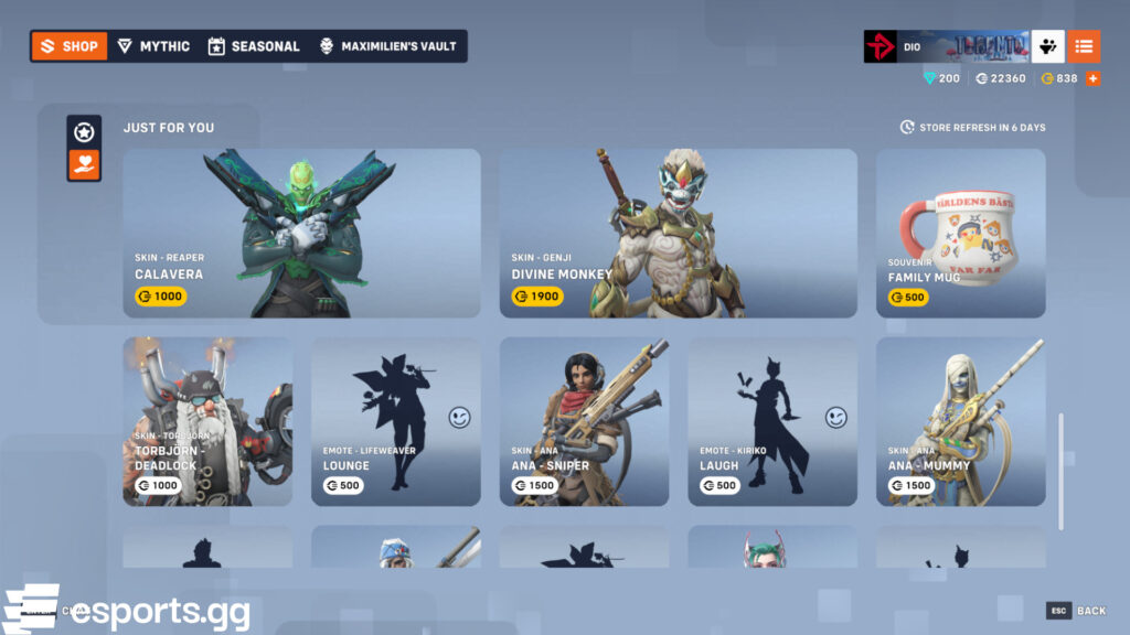 Overwatch 2 "Just For You" shop rotation (Image via esports.gg)