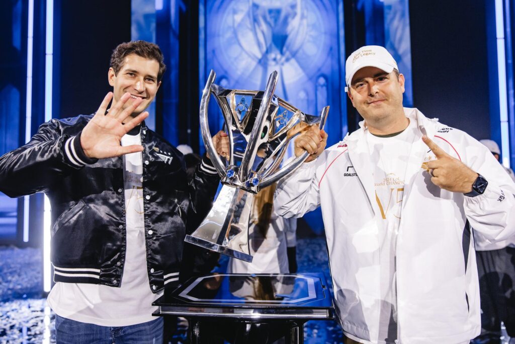 T1 CEO Joe Marsh (R) with Tucker Roberts in Worlds 2024 (Photo by Colin Young-Wolff, Riot Games)