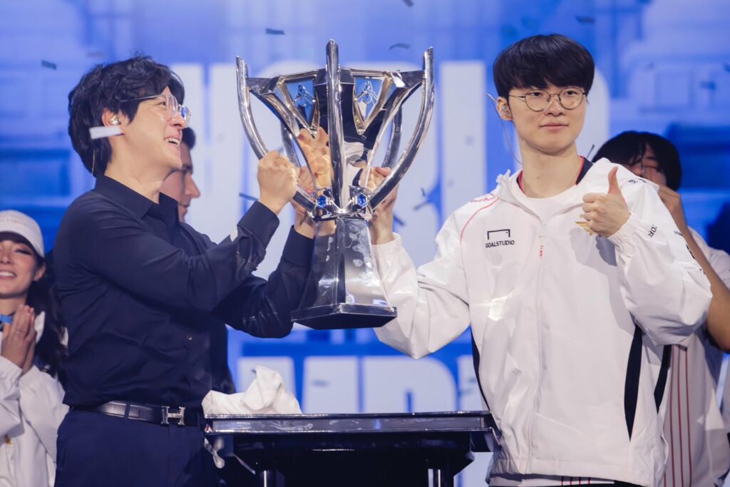 Coach KkOma (L) and Faker at Worlds 2024 (Photo by Colin Young-Wolff, Riot Games)