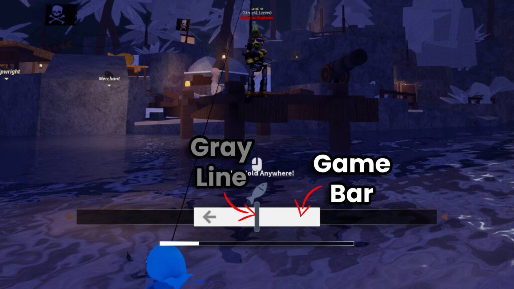 The gray line and game bar that appears during the fishing mini-game (Screenshot via esports.gg)