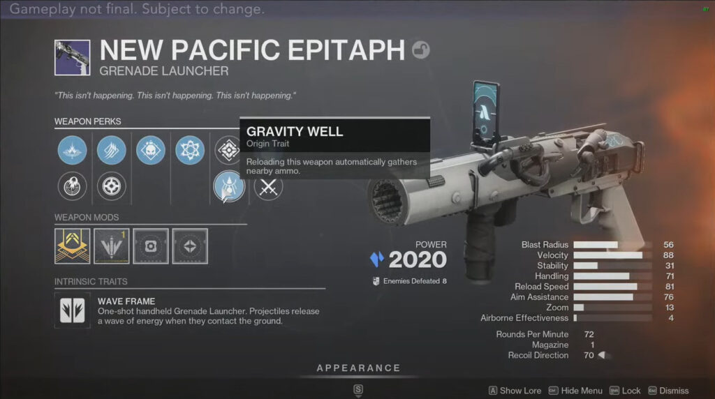 The origin trait "Gravity Well" will be available by completing higher difficulty modes of the weekly dungeon. (Screenshot via Bungie and GameSpot)