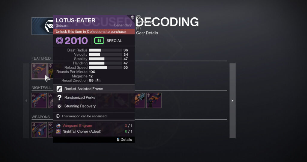 You must unlock this item by having one drop from a Nightfall before you can reroll your engrams. (Screenshot by esports.gg)