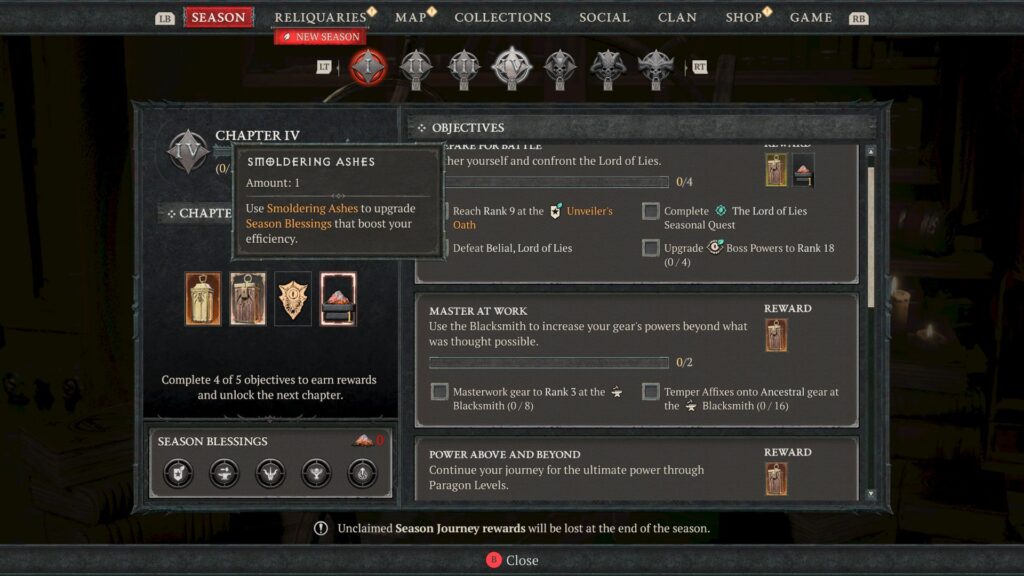 Complete Chapter Objectives to earn Smoldering Ashes. (Screenshot by esports.gg via Blizzard Entertainment)