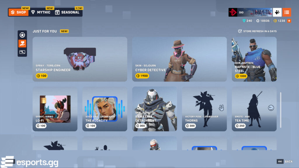 Overwatch 2 "Just For You" shop rotation (Screenshot via esports.gg)