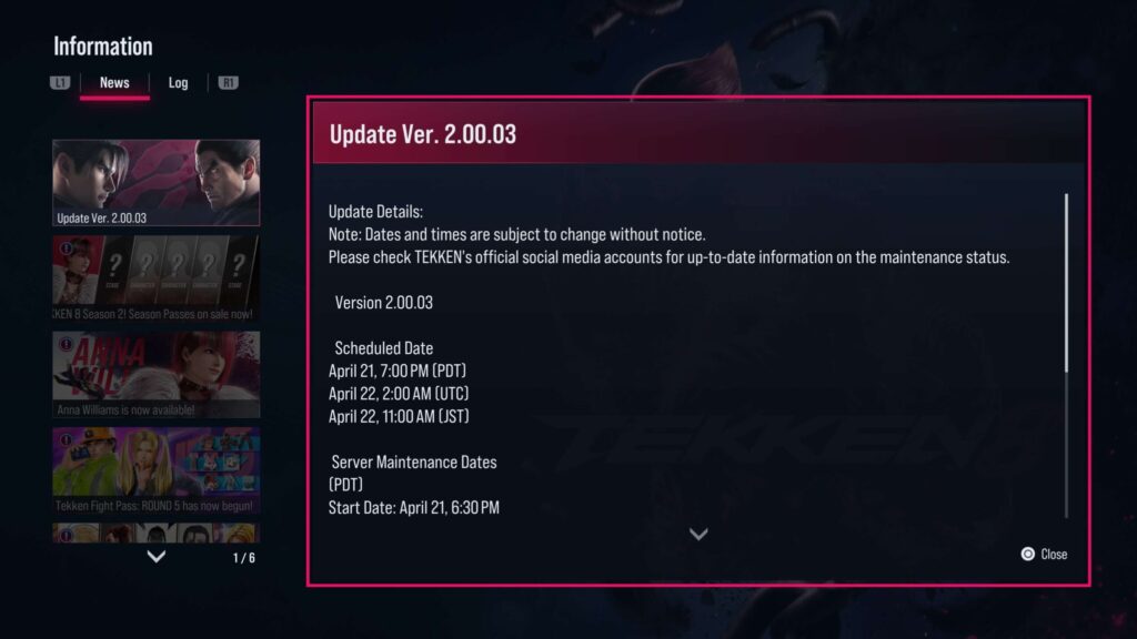 TEKKEN 8 v2.00.03 patch and maintenance schedule (Screenshot via esports.gg)