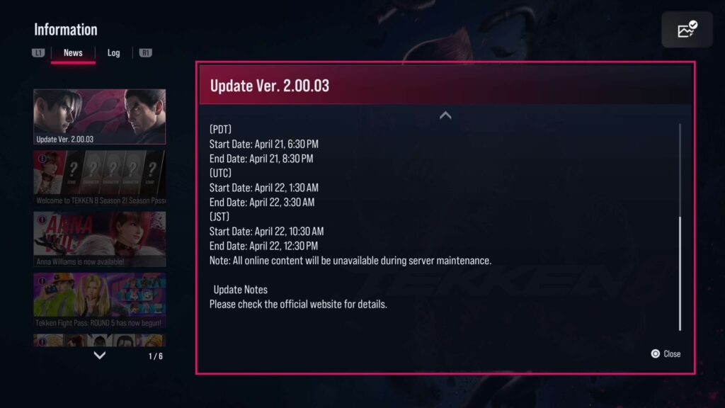 TEKKEN 8 maintenance and patch schedule (Screenshot via esports.gg)