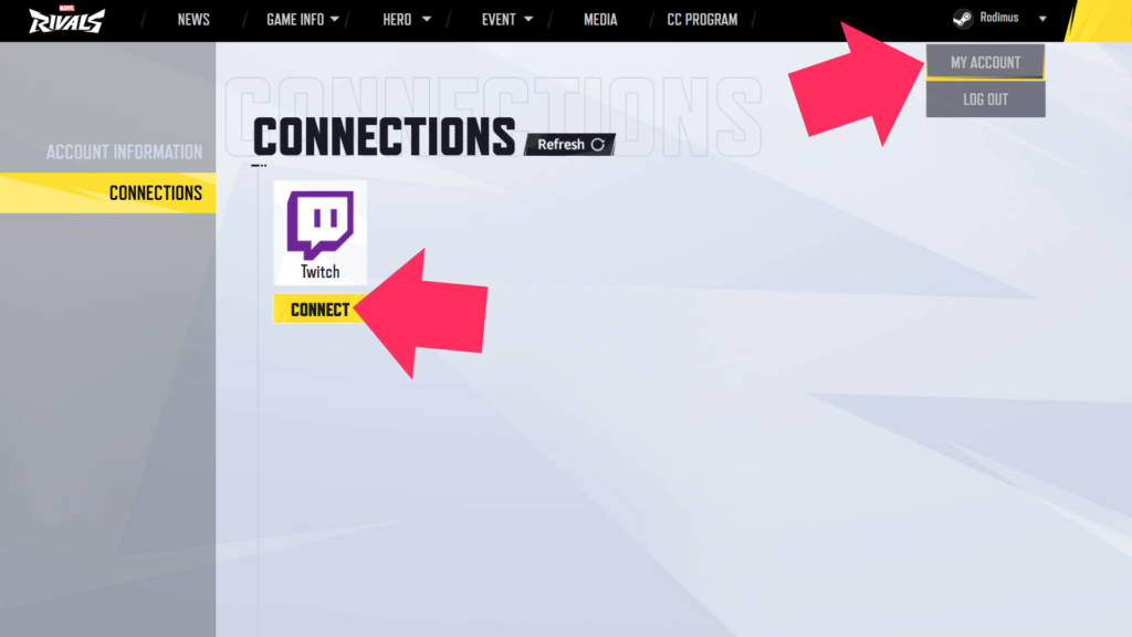 Unlock Marvel Rivals Twitch Drops by connecting your accounts (Screenshot via esports.gg)