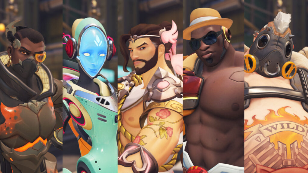 Baptiste, Echo, Hanzo, Doomfist, and Roadhog in Overwatch 2 (Screenshots via esports.gg)