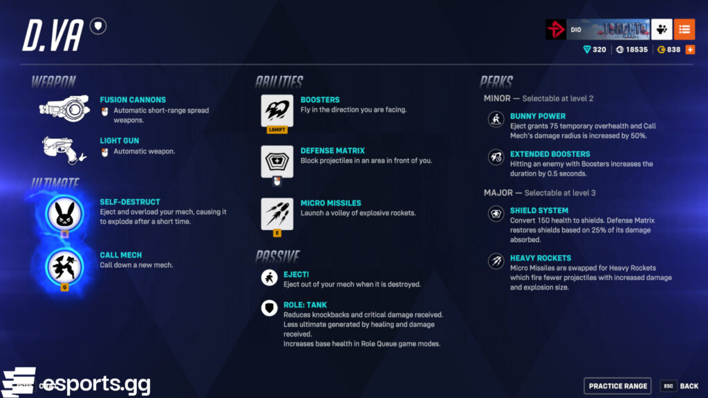 D.Va's kit (Screenshot via esports.gg)
