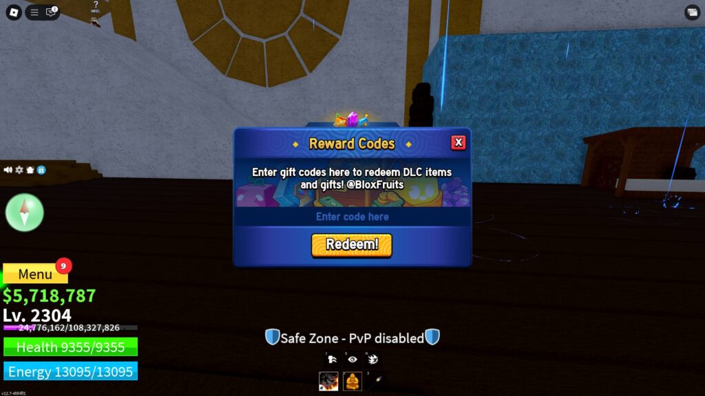 Redeeming Blox Fruits codes (Screenshot via esports.gg)