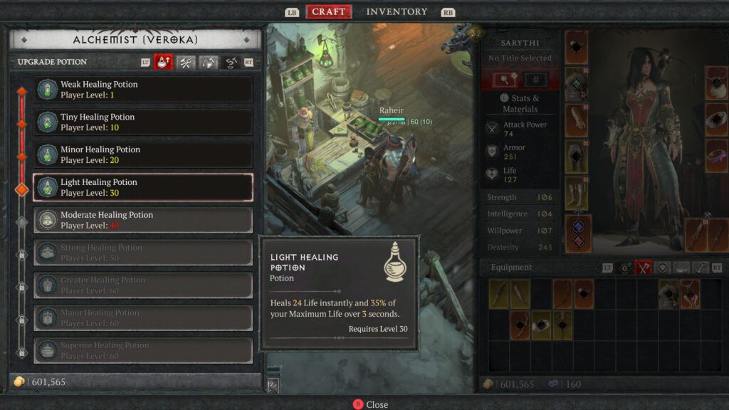 Don't forget to upgrade your Healing Potion and craft Elixirs to gain bonus XP. (Screenshot by esports.gg via Blizzard Entertainment)