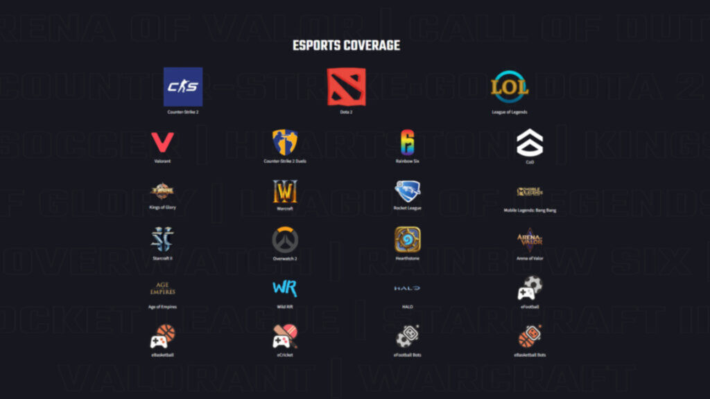 Screenshot of the games covered by Oddin.gg (Image via Oddin.gg)