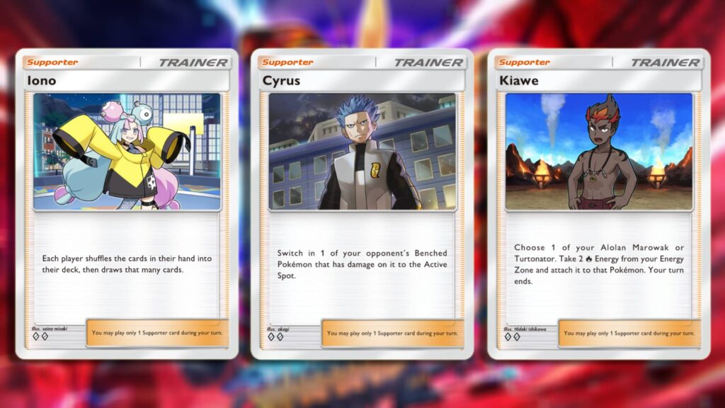 Iono, Cyrus, and Kiawe Supporter cards (Image via esport.gg)