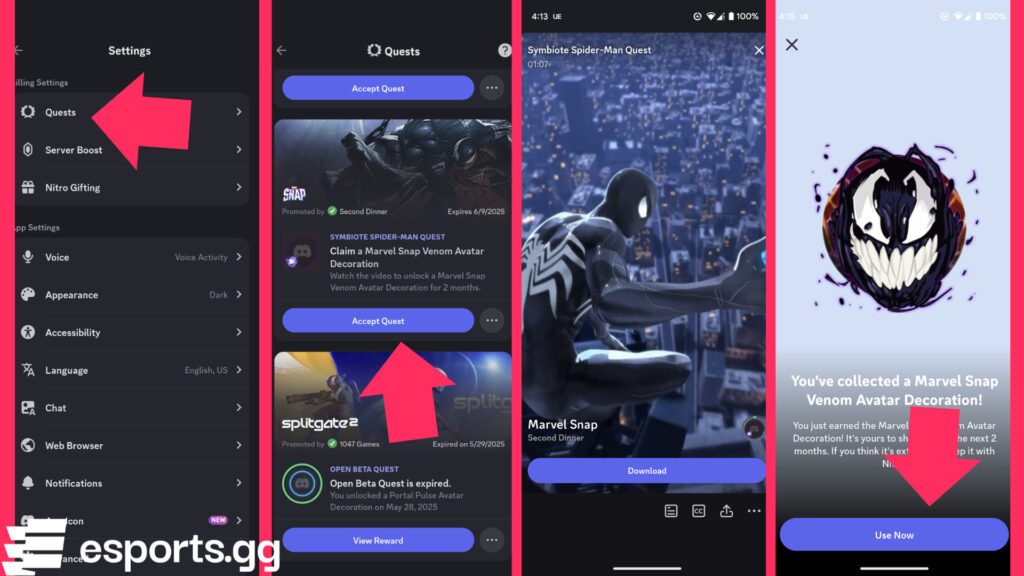 Instructions on how to obtain the Marvel Snap Venom avatar decoration (Screenshots via esports.gg)