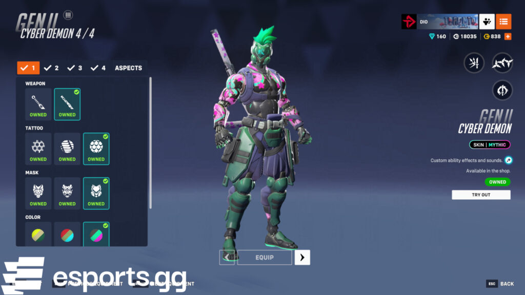 The Cyber Demon Genji mythic skin and all of its customizations (Screenshot via esports.gg)