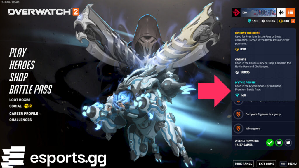Where to buy Mythic Prisms in Overwatch 2 (Screenshot via esports.gg)
