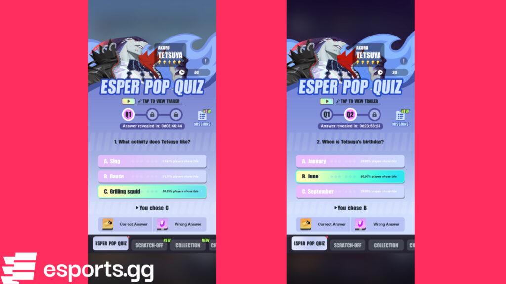 Dislyte Tetsuya quiz answers (Screenshot via esports.gg)