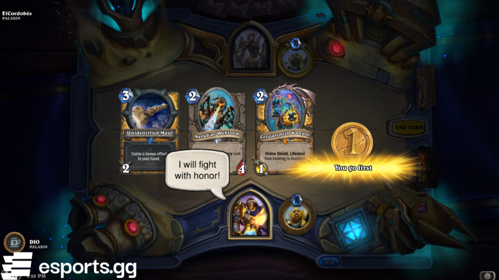 The Unidentified Maul in our starting hand soon turned into the Blessed Maul (Screenshot via esports.gg)