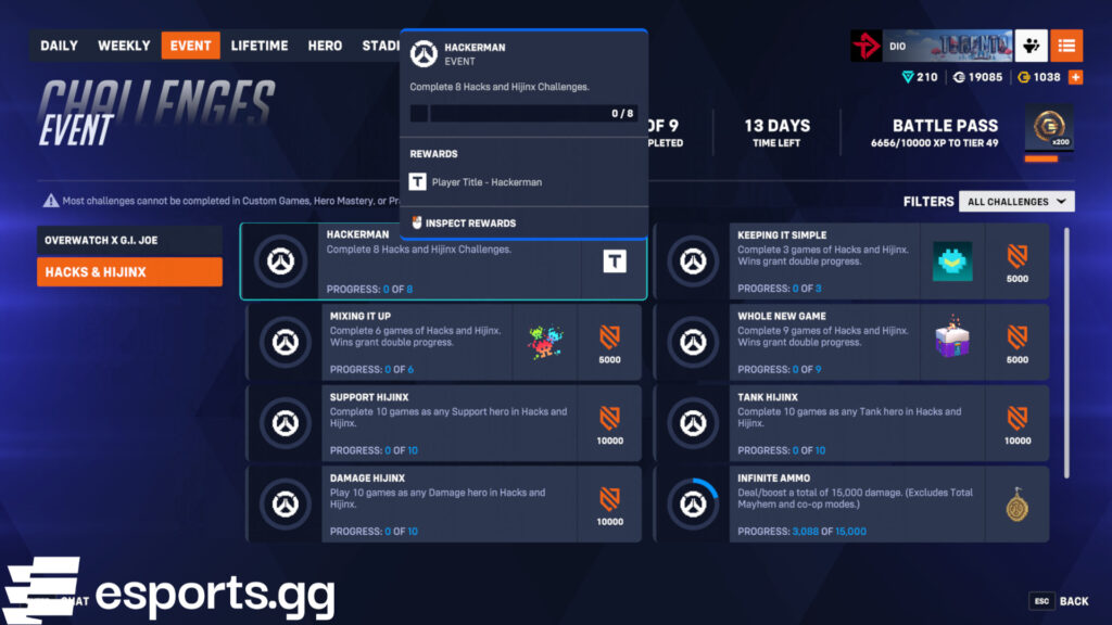 Overwatch 2 Hacks & Hijinx challenges and rewards (Screenshot via esports.gg)