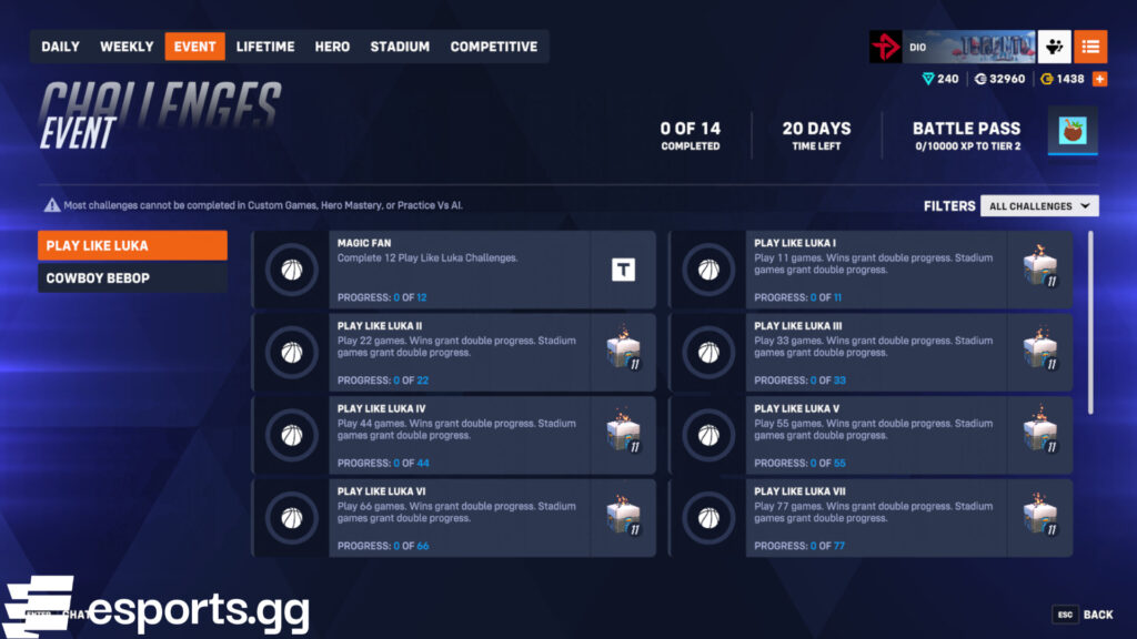 Overwatch 2 Play Like Luka challenges and rewards (Screenshot via esports.gg)
