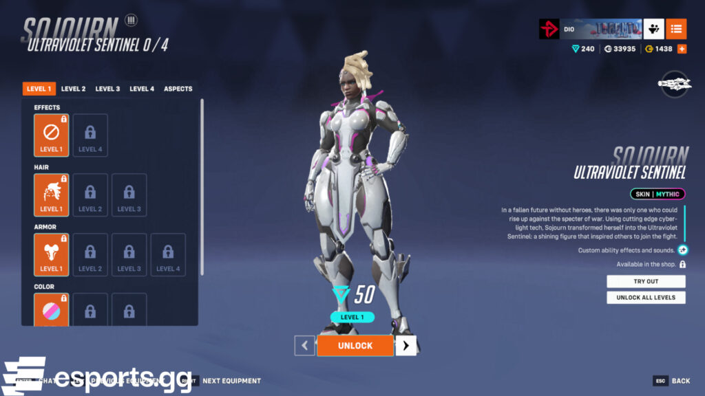 The base Ultraviolet Sentinel Sojourn skin (Screenshot via esports.gg)
