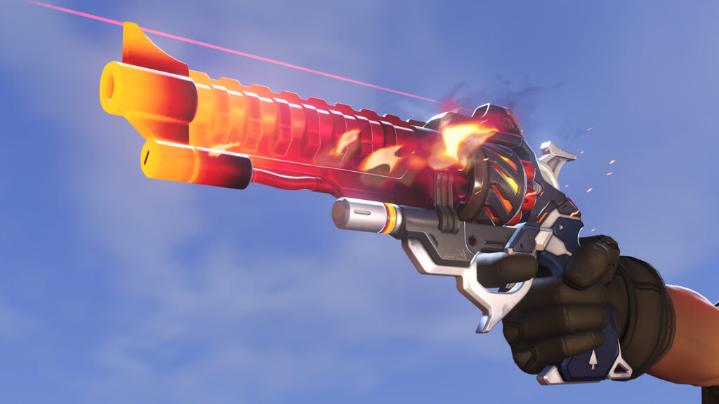 Closer look at the Cassidy mythic Blazing Sunsetter weapon skin (Image via Blizzard Entertainment)