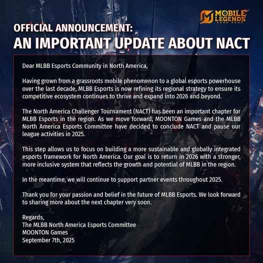 NACT stops league operations for the rest of 2025. (Image via MLBB on Facebook)