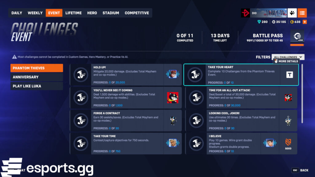 Overwatch 2 Phantom Thieves challenges (Screenshot via esports.gg)