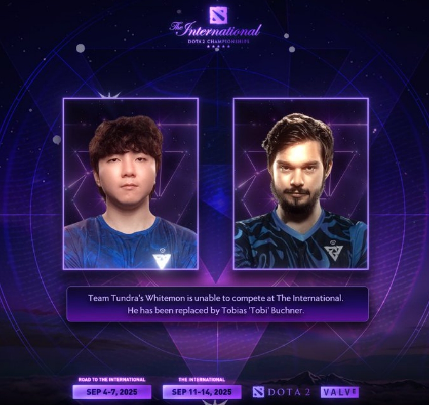 Whitemon replaced by Tobi at TI 2025 (Image via <a href="https://x.com/wykrhm/status/1961908803747856387" target="_blank" rel="noreferrer noopener">Wykrhm Reddy</a>)