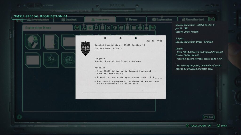 Special Requisition document one contains the first half of the code. (Screenshot by esports.gg)