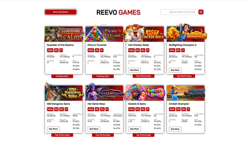 Screenshot of the different games featured on the REEVO website (Image via REEVO)