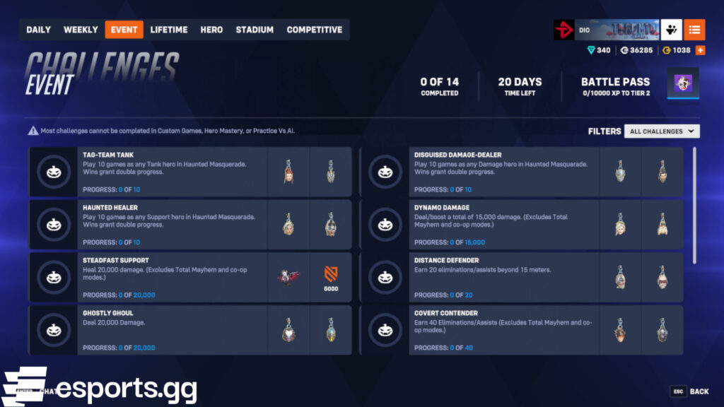 Overwatch 2 Haunted Masquerade challenges (Screenshot via esports.gg)