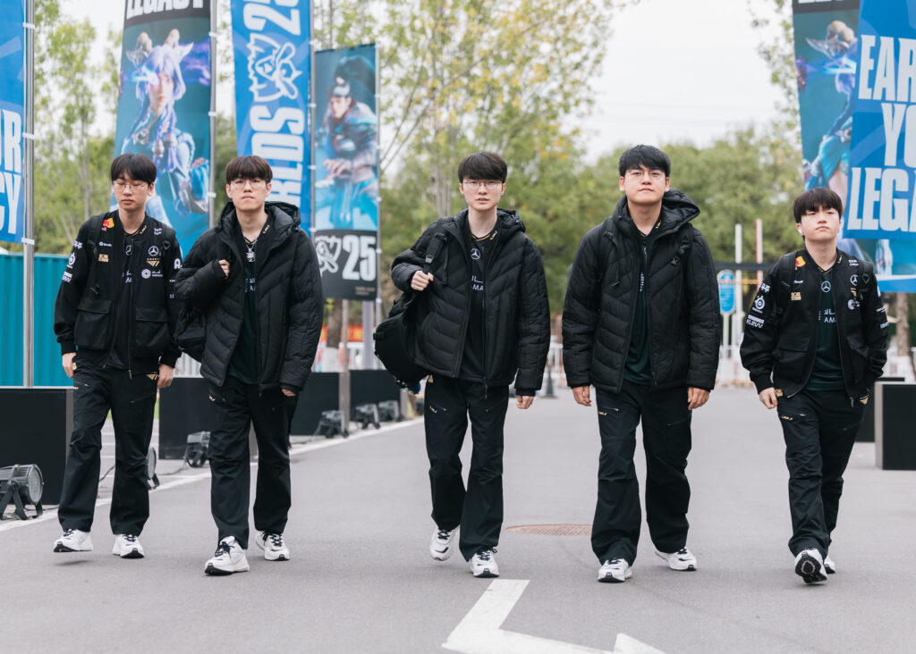 T1 at LoL Worlds 2025 (Photo via Riot Games | Colin Young-Wolff)