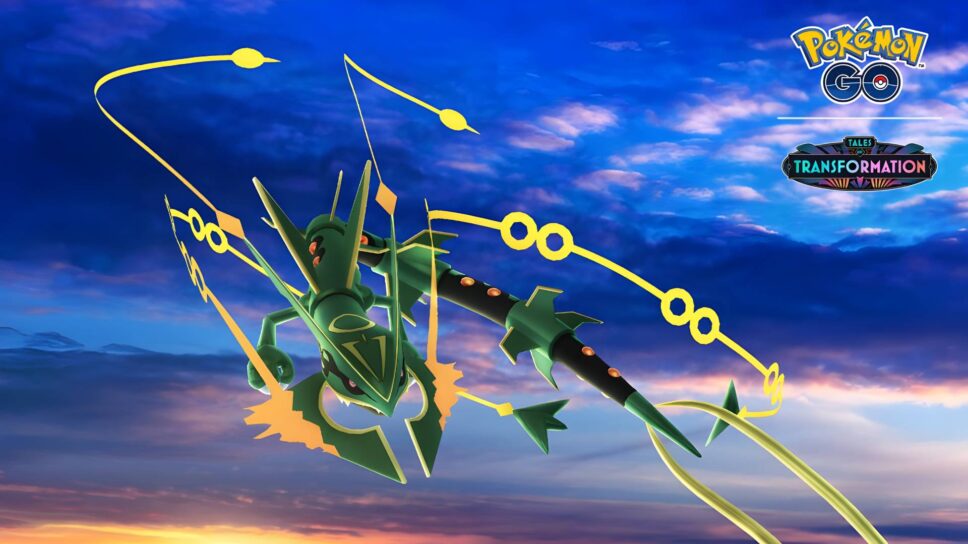 Mega Rayquaza tears through the clouds for a Pokémon GO Raid Day cover image