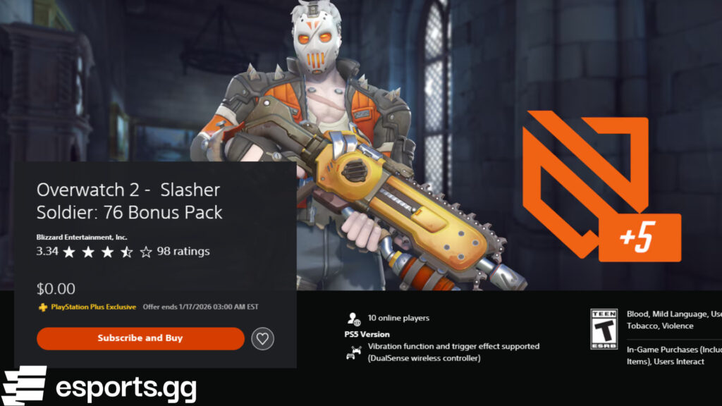 The Overwatch 2 - Slasher Soldier: 76 Bonus Pack offering is for PlayStation Plus members (Screenshot via esports.gg)