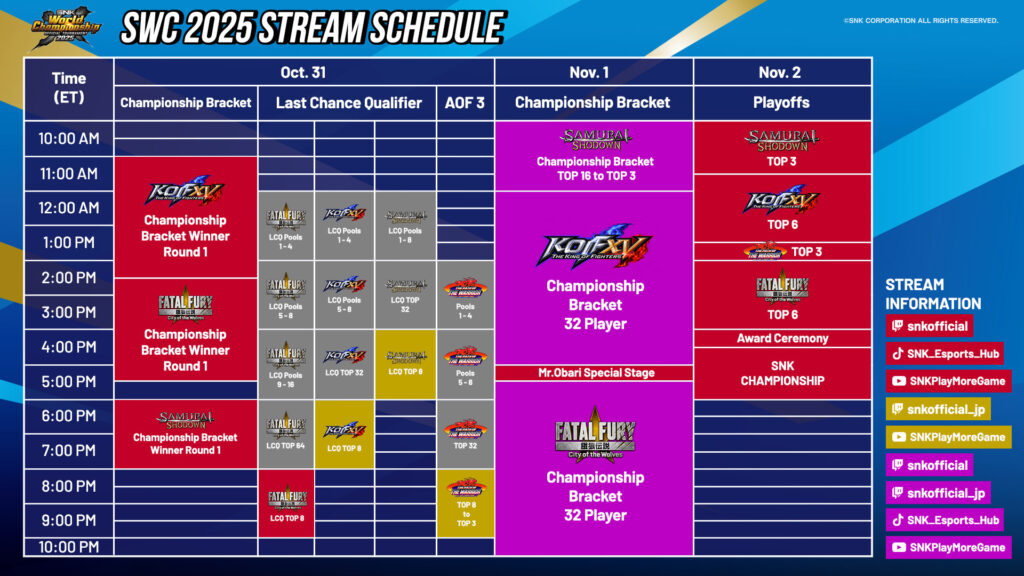 Stream schedule (Image via SNK Global)