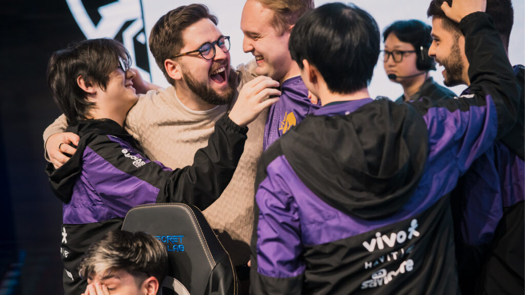 Vivo Keyd Stars celebrate after defeating PSG Talon at the LoL Worlds 2025 (Image by Colin Young-Wolff/Riot Games)