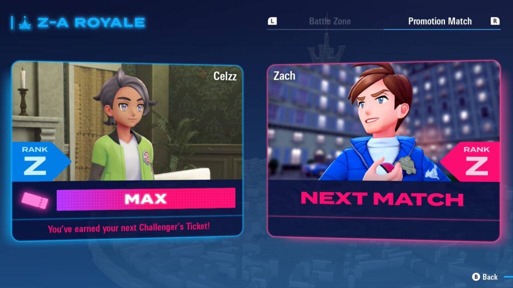 Z-A Royale app showing a promotion match opponent (Screenshot via esports.gg)