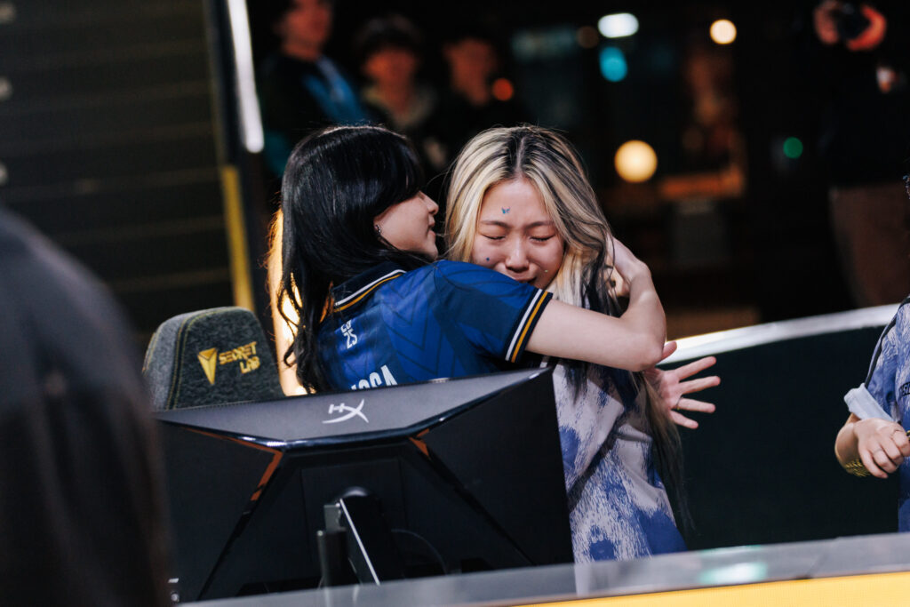 MIBR lissA (L) and NTZ 332 on-stage after their match. (Photo by Christina Oh/Riot Games)